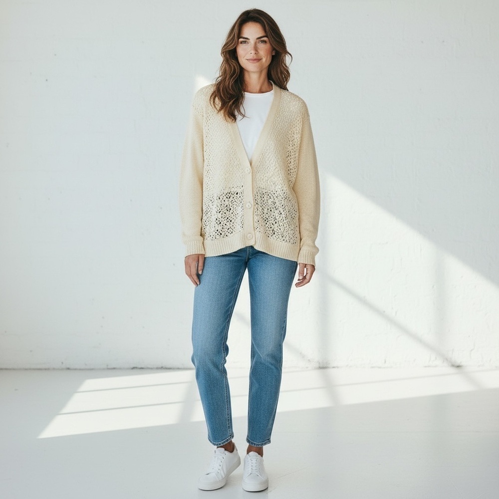 Vintage 90s cream cotton floral crochet knit cardigan open weave cardigan Boho - Picture 3 of 9